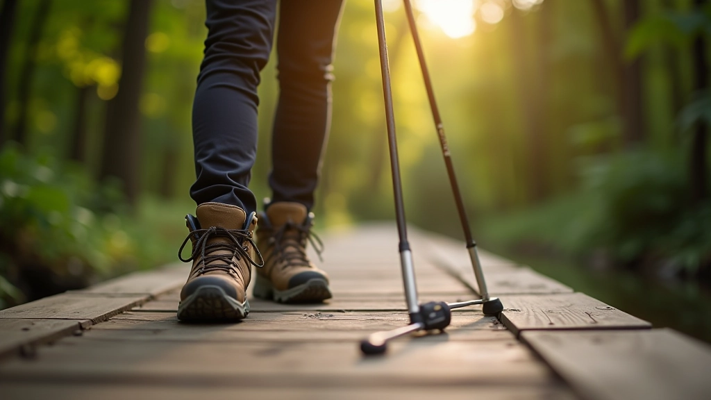 Seniora pāra detalizēts skatījums uz kājām un hikingas apaviem uz noturīga akmeņa dēļa, meža fons