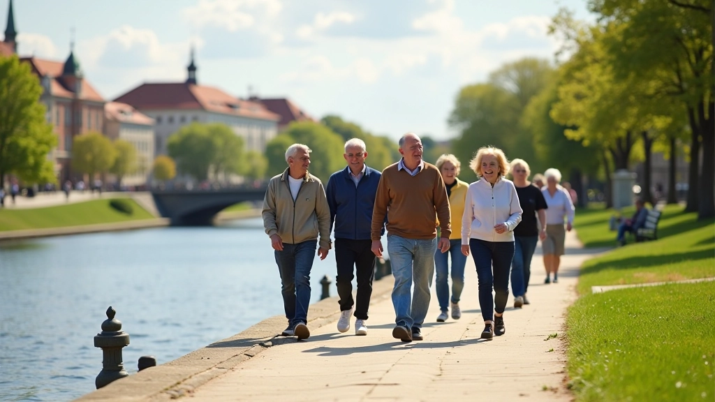 Grupa senioru staigā pa Rīgas kanāla krastu, instruktors tos vadītu, draudzīga atmosfēra