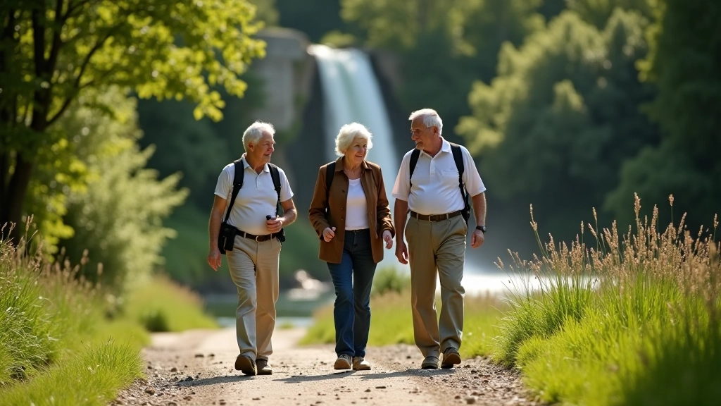 Grupa senioru staiga pa upju krastu, redzams ūdenskritis mazā attālumā, vasaras diena