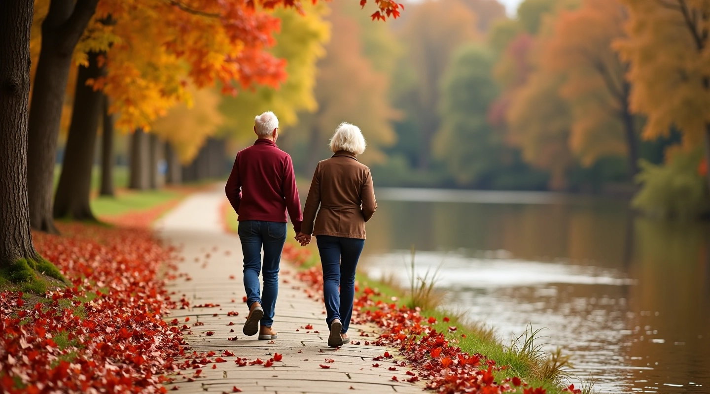 Seniori staigā pa akmens takas malu, grīdā sarkani rudens lapas, Gauja upe fonā